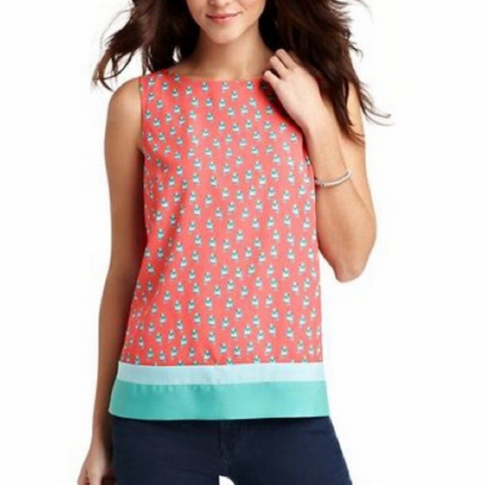 LOFT Coral Sleeveless Tank with Mint Hem and Mini Print